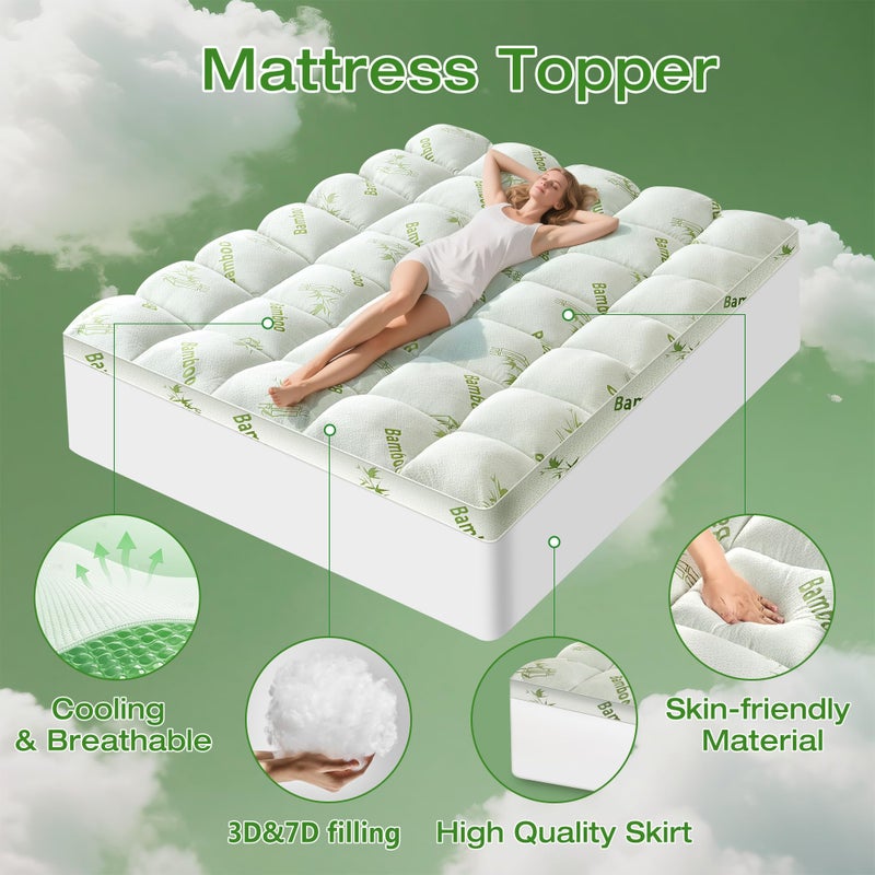 Easthome Mattress Topper Queen Size Viscose Derived from Bamboo, Thick Soft Pillow Top Mattress Pad Cover for Back Pain, Mattress Protector with 8-21 Inch Deep Pocket, White - Image 2