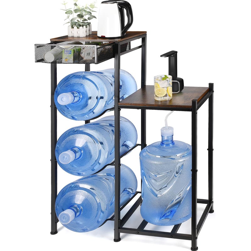 CAROD 5 Gallon Water Jug Holder, Water Storage Rack Water Dispenser Stand With Wood Tabletop Shelf, 5 Gal Water Bottle Holder Water Cooler Jug Rack with 2 Wood Storage Shelves - Image 1