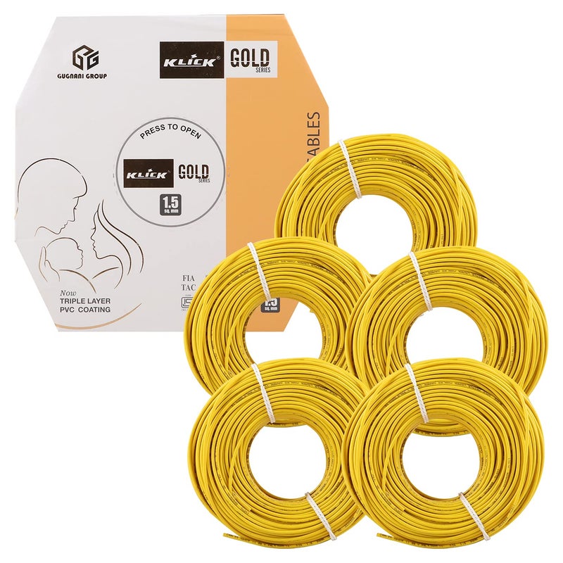 KLICK KLICK Copper Wire with Triple Layer PVC Coating Unilay Bunching Single Core Unsheathed Flexible Electric Cable for Domestic Industrial Connections Gold Series 15 mm 90m Long Yellow 5 Pcs  - Image 1