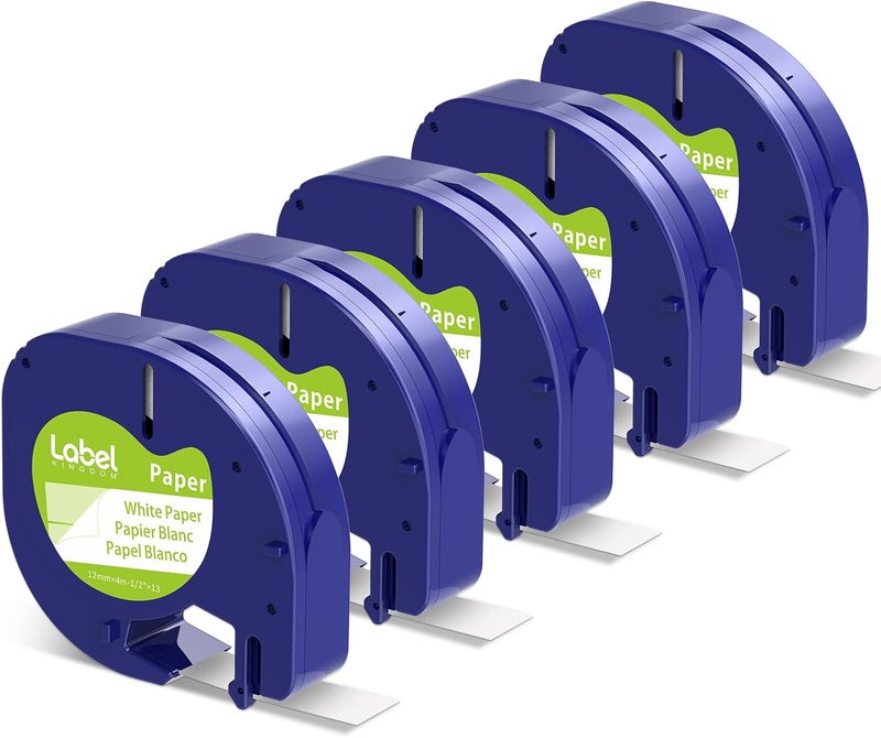 لايبل كينجدوم شريط ملصقات بديل متوافق مع طابعة Dymo Letratag White Paper Refill 91330 10697، 1/2 بوصة × 13 قدمًا، 12 مم × 4 أمتار، شريط ملصقات أسود على أبيض لطابعة Dymotag Lt-100H Plus، عبوة من 5 قطع - Image 1