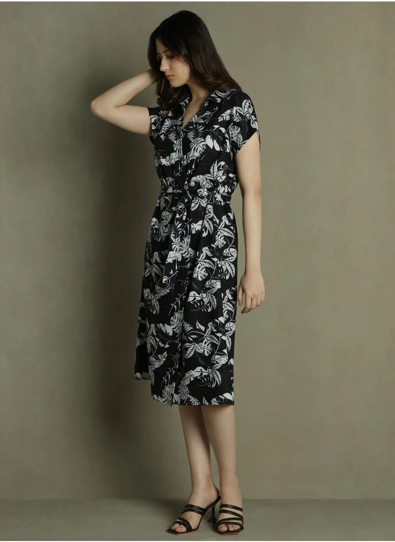 دينيس لينغو Women's Black Polyester Blend Printed Regular Fit Dress