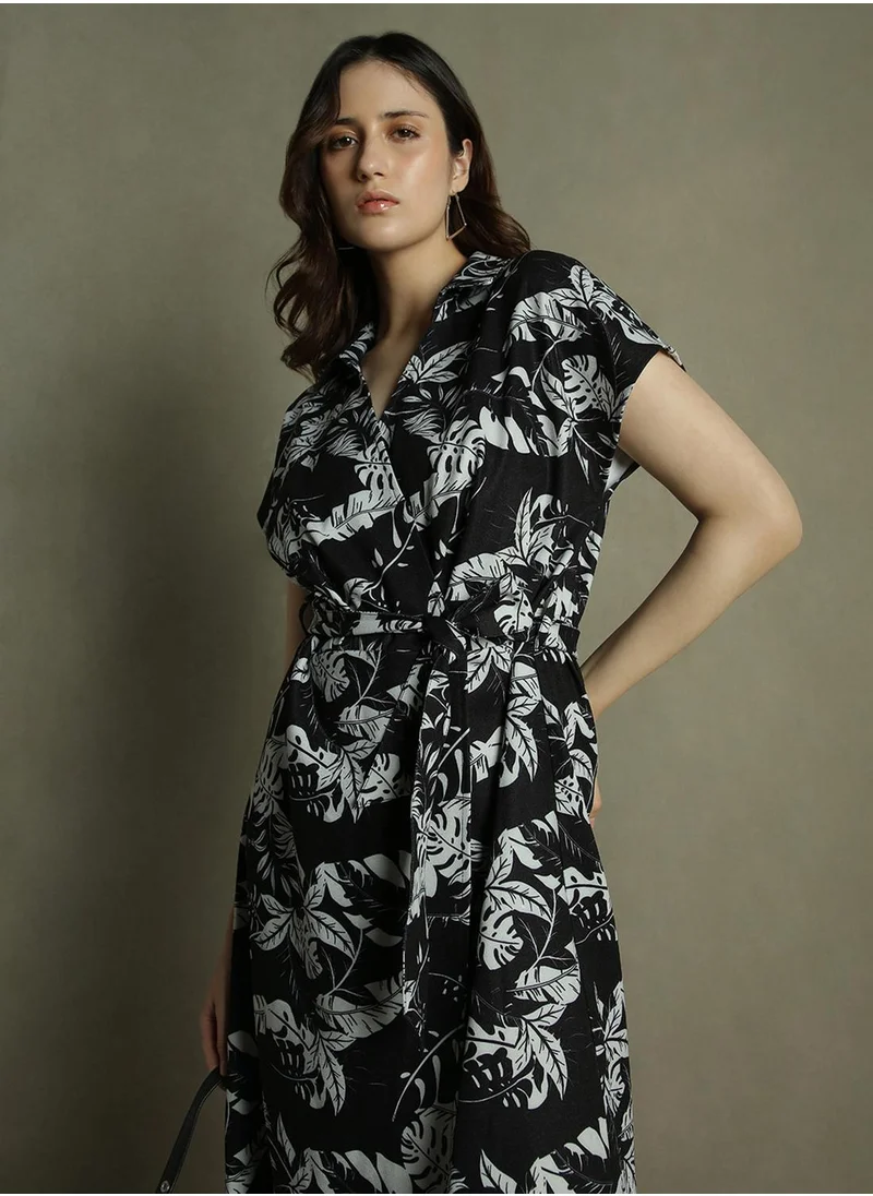 دينيس لينغو Women's Black Polyester Blend Printed Regular Fit Dress