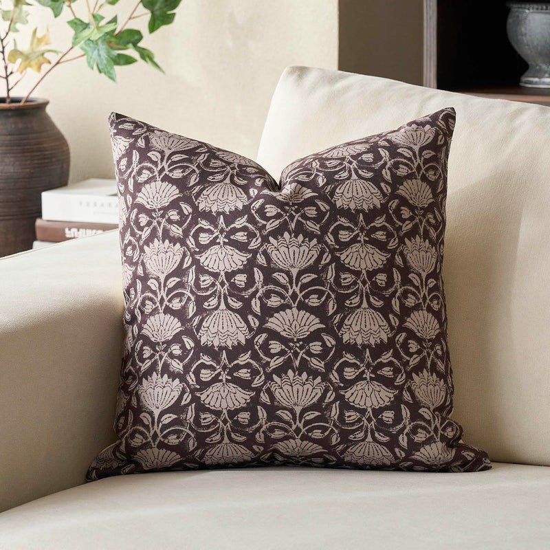 DOMVITUS Floral Pillow Covers 18x18 Decorative Throw Pillow Covers Floral Block Print Farmhouse Vintage Pillow Cover for Living Room Couch Bed Dark Brown 1PC - Image 1