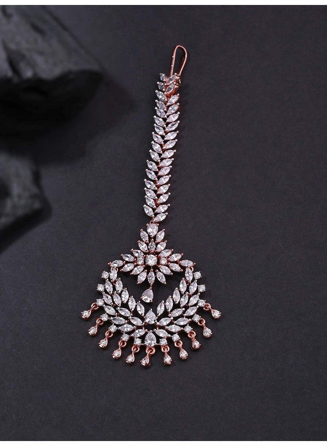 Priyaasi Priyasi Chandbali Style American Diamond Maang Tikka for Women | Rose Gold-Plated | Maang Tikka for Wedding | Traditional Floral Design - Image 3