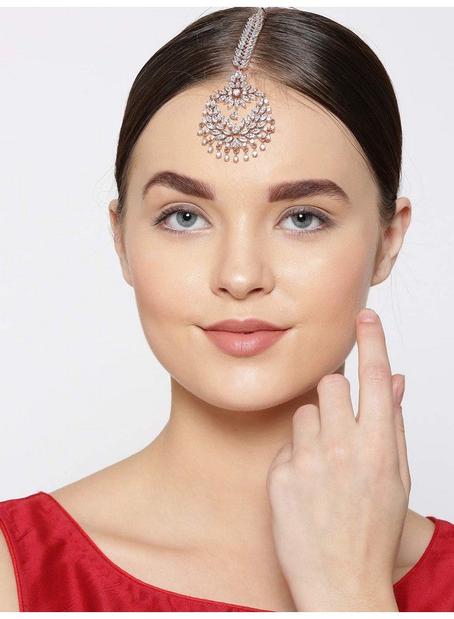 Priyaasi Priyasi Chandbali Style American Diamond Maang Tikka for Women | Rose Gold-Plated | Maang Tikka for Wedding | Traditional Floral Design - Image 2