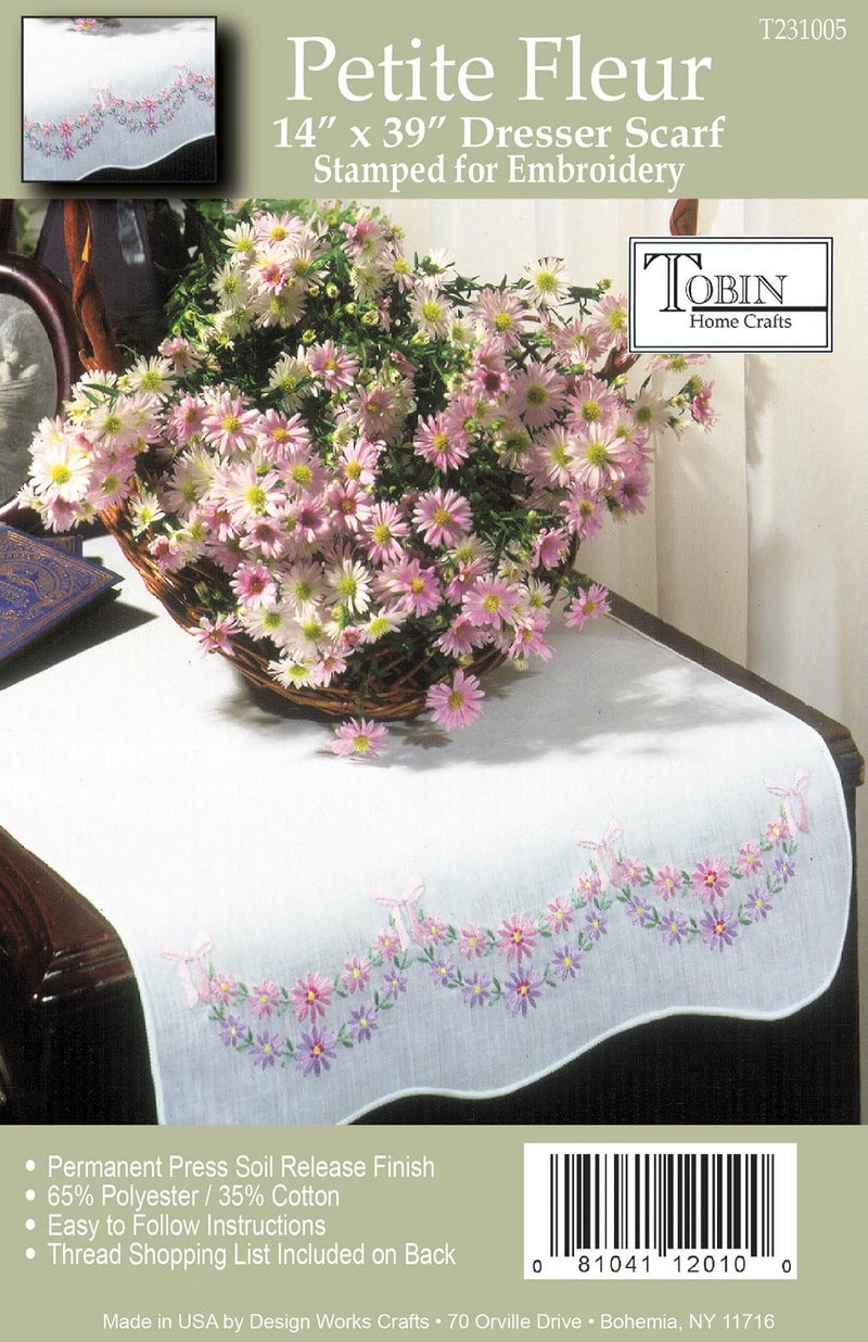 Tobin #231005 Petite Fleur Dresser Scarf 14" x 39" Stamped for Embroidery, White - Image 2
