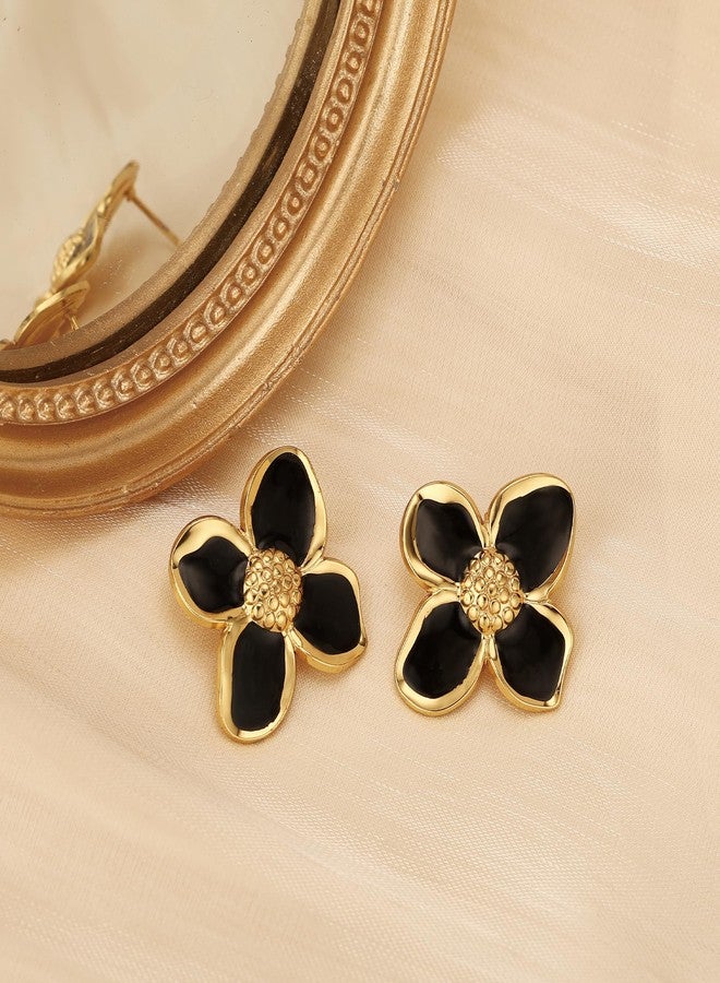 HANRESHE Black Gold Flower Earrings For Women Cute Flower Stud Earrings Trendy Spring Floral Statement Earring Jewelry Gift - Image 4