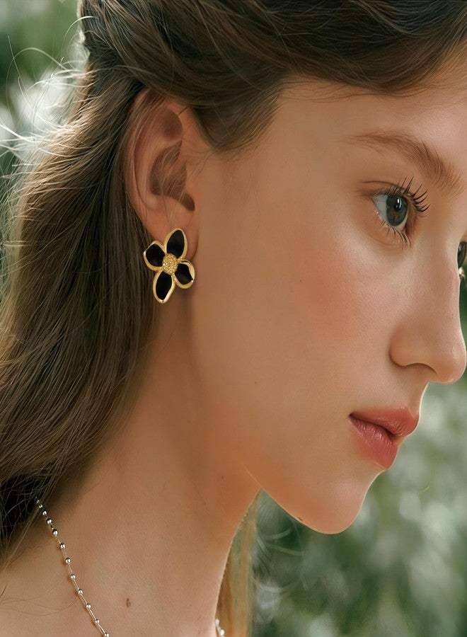 HANRESHE Black Gold Flower Earrings For Women Cute Flower Stud Earrings Trendy Spring Floral Statement Earring Jewelry Gift - Image 3