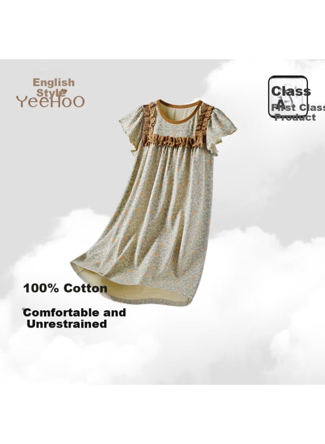 Yeehoo 100% Cotton Children's Pajamas Summer Round Neck Contrast Color Lace Moisture Absorbing High Elastic Home Wear Countryside Style Girls' Nightgown - Image 2