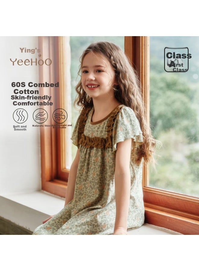 Yeehoo 100% Cotton Children's Pajamas Summer Round Neck Contrast Color Lace Moisture Absorbing High Elastic Home Wear Countryside Style Girls' Nightgown - Image 1