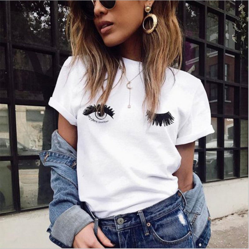 1014 Ins Cyber Celebrity Blink Long Eyelashes Casual Fashion Women'S T-Shirt Round Neck Short Sleeve T-Shirt For Women - Image 2