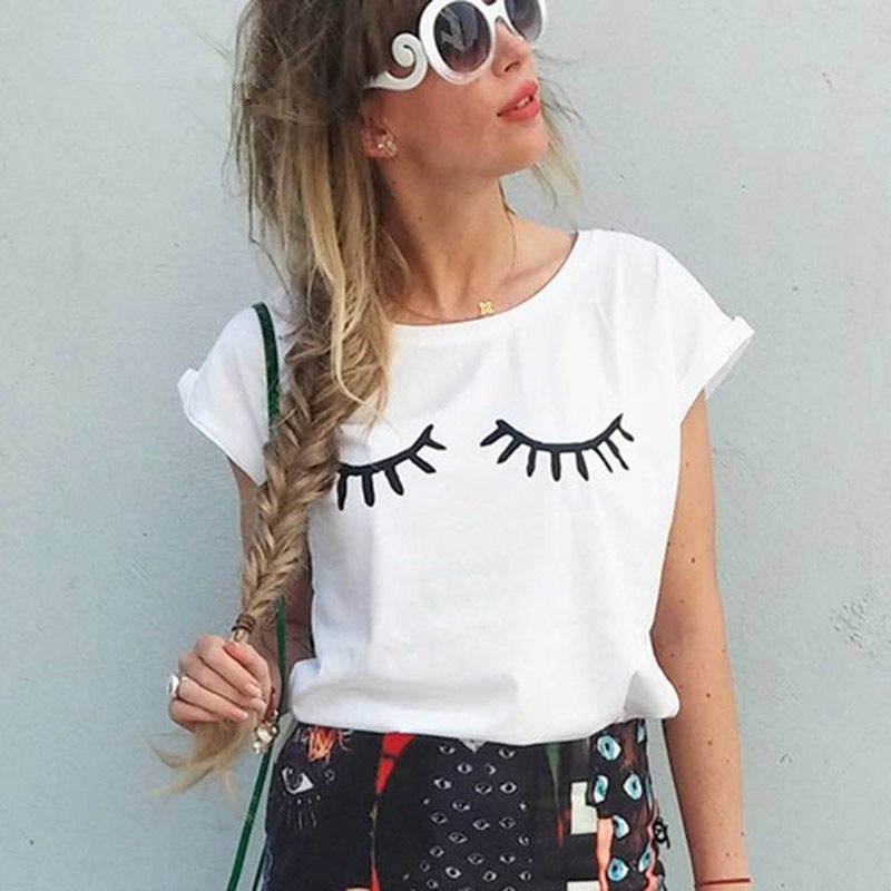 1014 Ins Cyber Celebrity Blink Long Eyelashes Casual Fashion Women'S T-Shirt Round Neck Short Sleeve T-Shirt For Women - Image 5