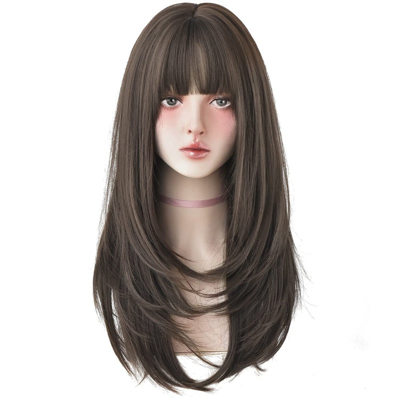 7JHH WIGS Hair Dye Wig for Women Synthetic Hair Natural Long Straight Wig With Bangs 22inch Cold brown