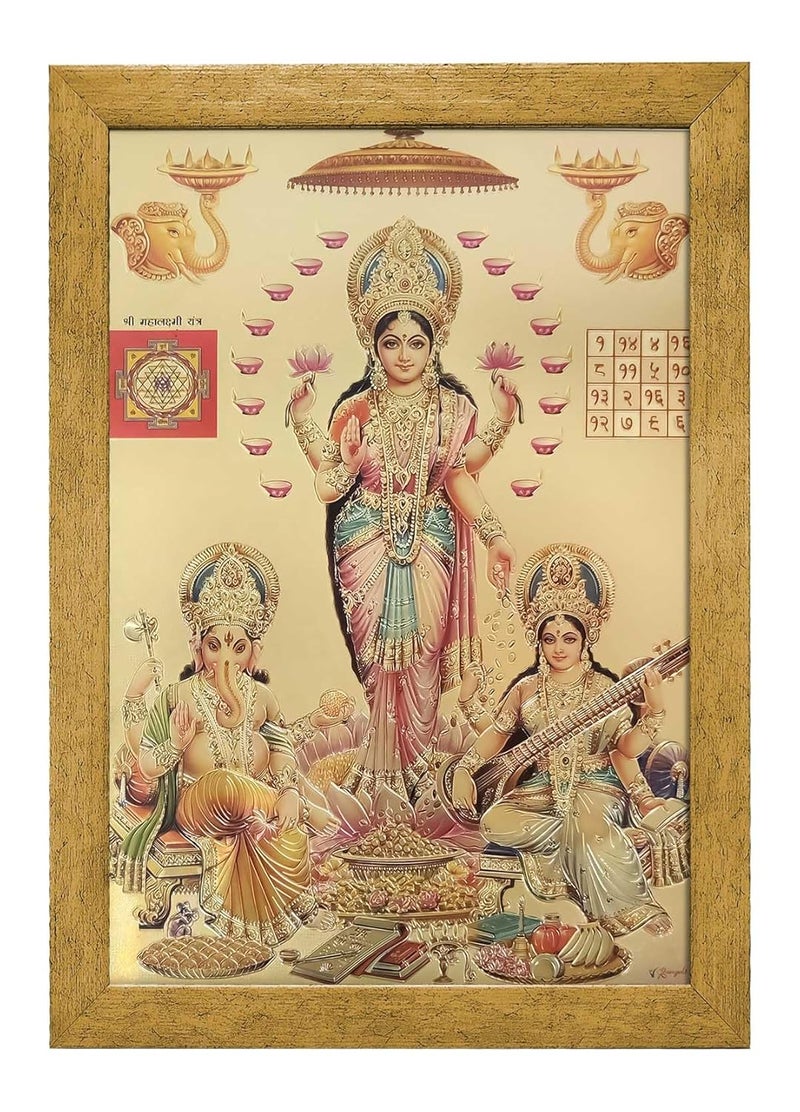 ArtX Wood Pooja Photo Frame Standing Laxmi Ganesh Saraswati Ji Gold Plated Frame Multicolor 32 X 235 CMS Set of 1