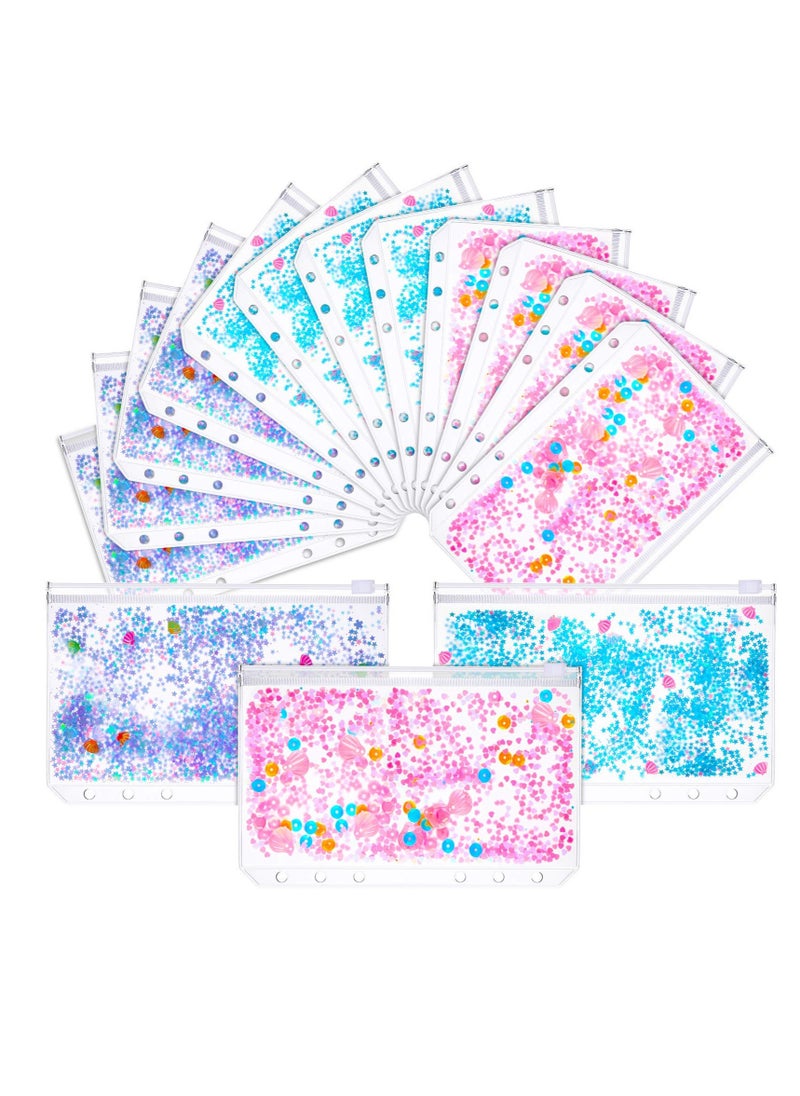 Excefore Binder PVC Glitter File Pockets, 15 Pieces A6 Size Glitter with Holes Binder Zipper Folders, Notebook Binder Loose Leaf Bags, Waterproof PVC Pouch Document Filing  - Image 1
