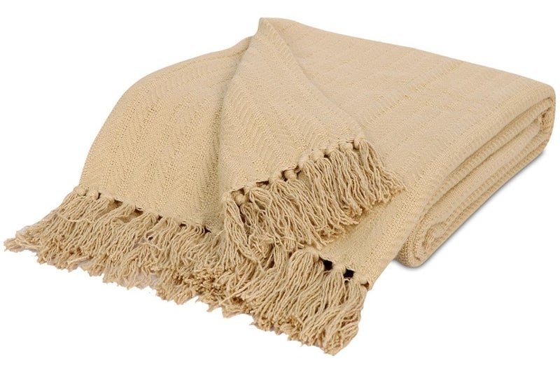 TIB® 100% Cotton Throw Blanket,127x152 cm, Throws for Sofa and Couch 3 Seater 300 TC with Fringes, (Beige) - Image 4