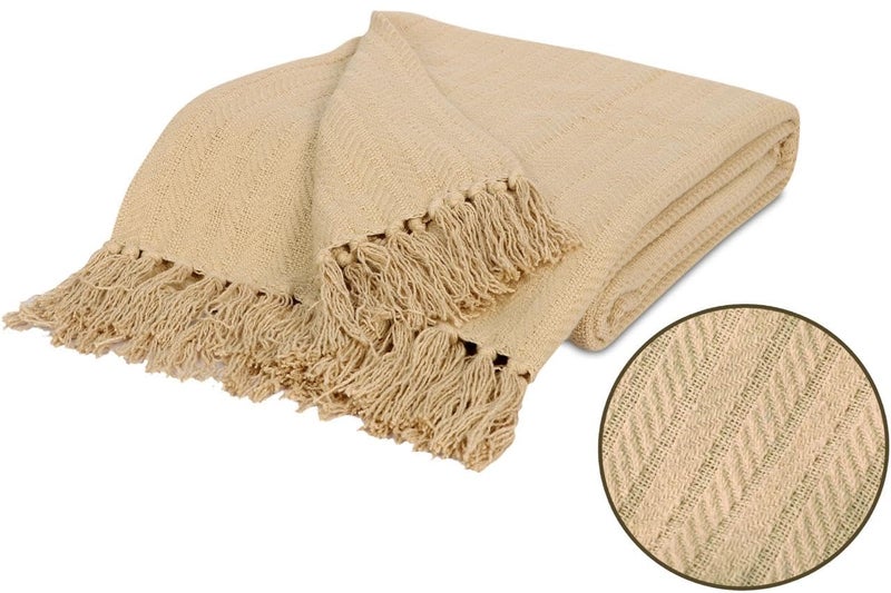 TIB® 100% Cotton Throw Blanket,127x152 cm, Throws for Sofa and Couch 3 Seater 300 TC with Fringes, (Beige) - Image 2
