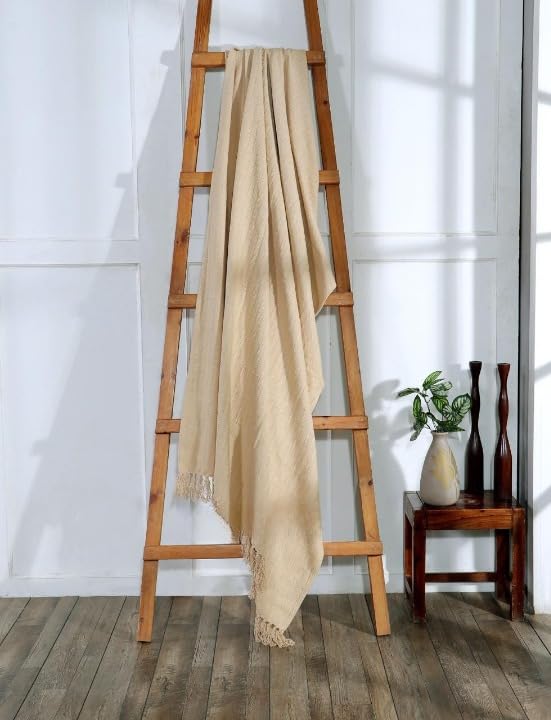TIB® 100% Cotton Throw Blanket,127x152 cm, Throws for Sofa and Couch 3 Seater 300 TC with Fringes, (Beige) - Image 1
