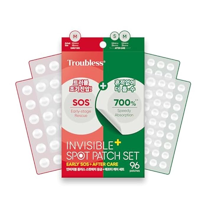 Troubless Invisible Plus Spot Patch EARLY SOS + AFTER CARE Set – Dual Care Hydrocolloid Patches for First Signs and Post-Care – Thin & Comfortable Wear w/ Strong Adhesion (1cm & 1.2cm, 96 ea) - Image 1