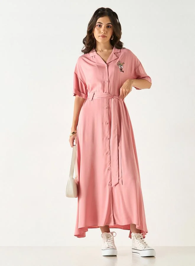 Lola Bunny Embroidered Shirt Dress with Notch Collar and Tie-Up Belt