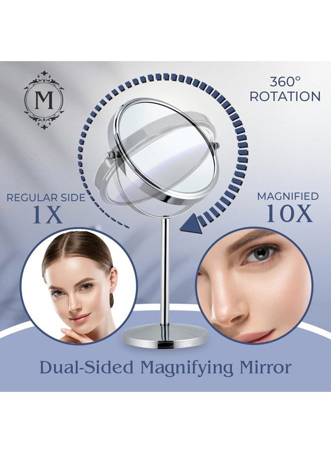 Mirrorvana 10X Magnifying Makeup Mirror on Round Stand for Tabletop, Bedroom Vanity Desk and Bathroom Counter - Free Standing Double Sided 10X/1X Magnification Mirror - 7" Wide and 14" Tall (Chrome)  - Image 2