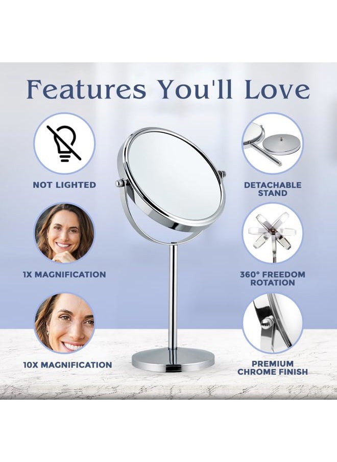 Mirrorvana 10X Magnifying Makeup Mirror on Round Stand for Tabletop, Bedroom Vanity Desk and Bathroom Counter - Free Standing Double Sided 10X/1X Magnification Mirror - 7" Wide and 14" Tall (Chrome)  - Image 3