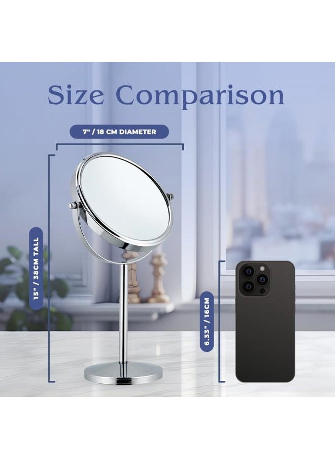 Mirrorvana - 10X Magnifying Makeup Mirror on Round Stand for Tabletop, Bedroom Vanity Desk and Bathroom Counter - Free Standing Double Sided 10X/1X Magnification Mirror - 7" Wide and 14" Tall (Chrome) - Image 1