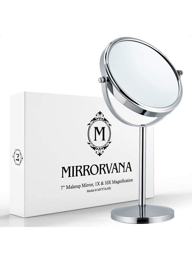 Mirrorvana 10X Magnifying Makeup Mirror on Round Stand for Tabletop, Bedroom Vanity Desk and Bathroom Counter - Free Standing Double Sided 10X/1X Magnification Mirror - 7" Wide and 14" Tall (Chrome)  - Image 1
