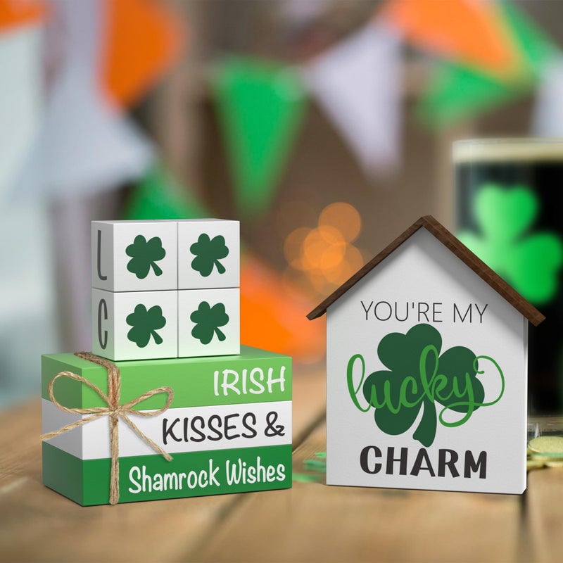 Tovwei St. Patrick's Day Decorations Shamrock Faux Books, 8 Pcs St. Patricks Day Tiered Tray Decor Book Stack Lucky Wooden Signs, Farmhouse Rustic Wooden Decor for Home Kitchen Table - Image 2