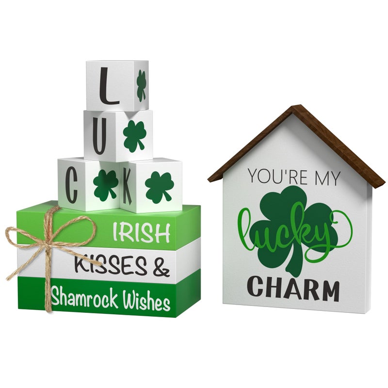 Tovwei St. Patrick's Day Decorations Shamrock Faux Books, 8 Pcs St. Patricks Day Tiered Tray Decor Book Stack Lucky Wooden Signs, Farmhouse Rustic Wooden Decor for Home Kitchen Table - Image 1