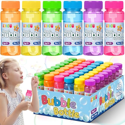 IJIGU Bubble Bottles 48 Pack 2oz Bubbles for Kids Bubble Solution with Bulk Wands in 6 Colors as Party Favors for Toddlers 13 Summer Outdoor Toy Gift for Boys Girls - Image 1