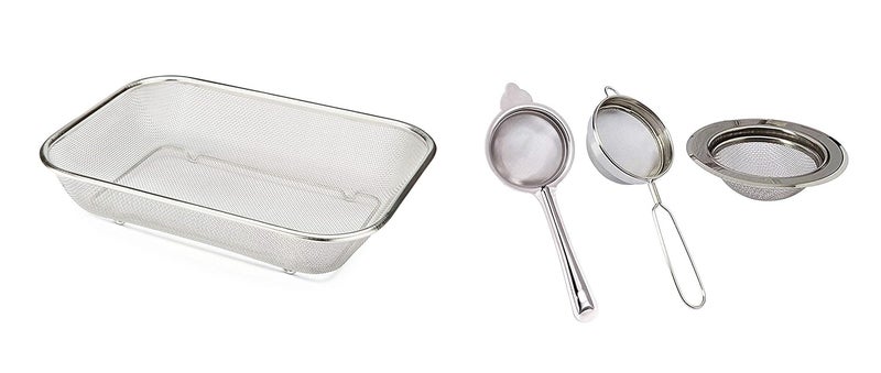 Petals Stainless Steel Strainer Set, 4-Pieces (Big Strainer/Fridge Storing Basket,Tea Strainer, Coffee Strainer, Sink Strainer), in Cms - 30X22, 7.5X21, 7.5X21.5, 9X9, 9 X 12 X 3 centimeters