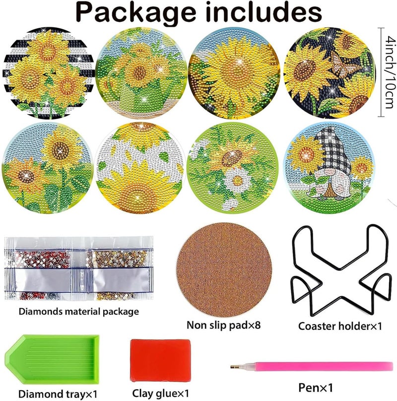 AzsVbvs 8 Pieces Diamond Painting Coasters Kit with Holder, Diamond Art Coasters, DIY Diamond Art Crafts Projects, Diamond Dot Kits for Adults and Beginners (Sunflowers) - Image 2