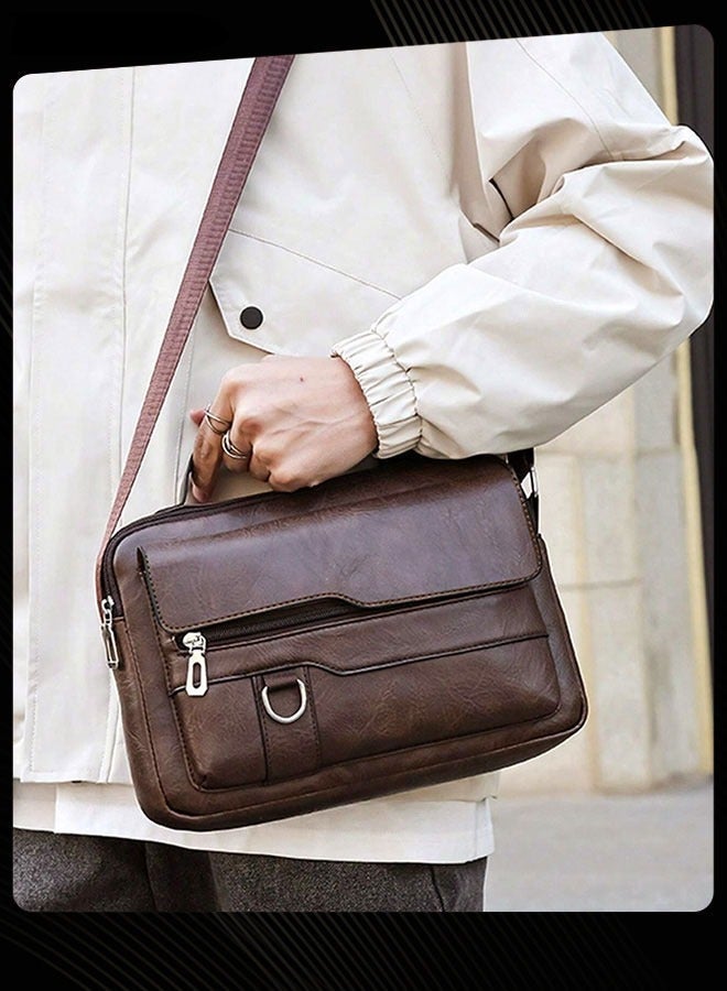WEIXIER Men Retro Horizontal Shoulder Bag Portable Business Leather Waterproof and Wear Resistant Crossbody Bag with Adjustable Straps for Work Office Dark Brown - Image 2