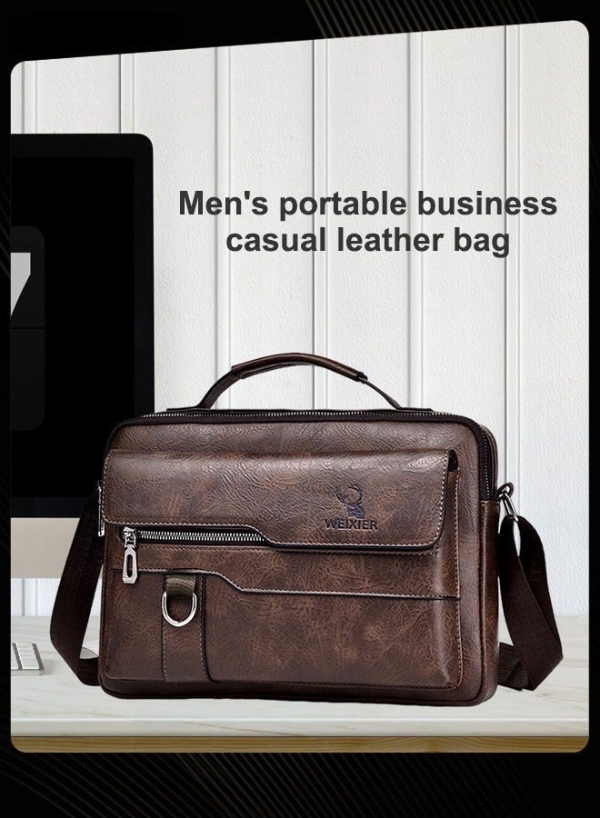 WEIXIER Men Retro Horizontal Shoulder Bag Portable Business Leather Waterproof and Wear Resistant Crossbody Bag with Adjustable Straps for Work Office Dark Brown - Image 1
