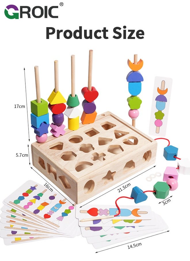 3 in 1 Wooden Color Sorting Stacking Toys, Montessori Toys Geometric Shape Matching Game Wooden Beads Sequencing Toy Set Lacing Beads Stem Fine Motor Skills for Toddlers