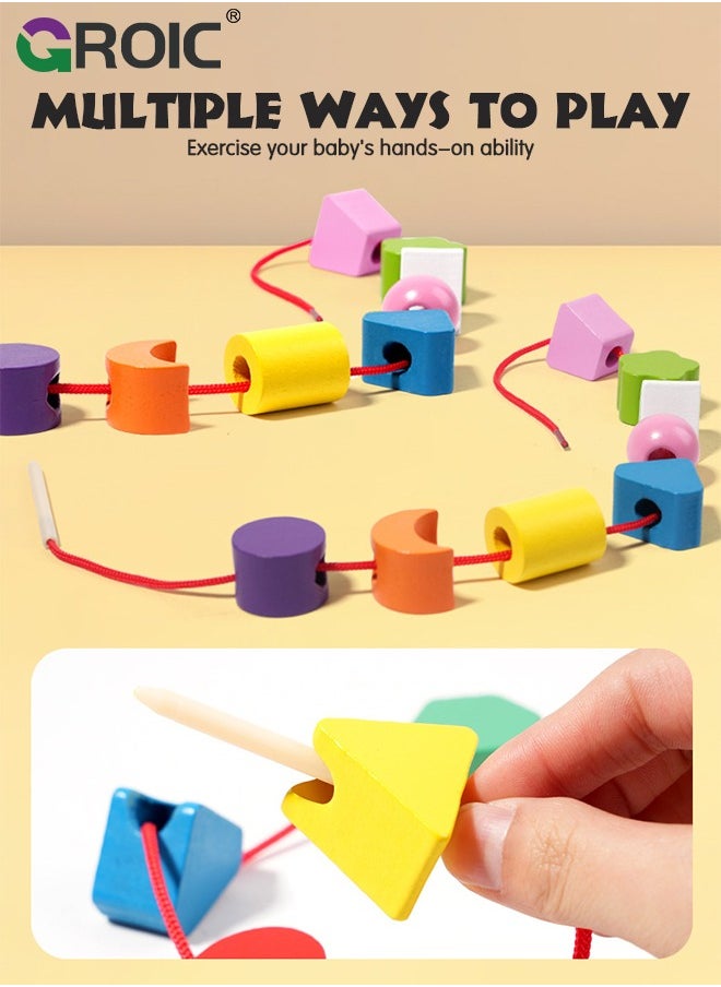 3 in 1 Wooden Color Sorting Stacking Toys, Montessori Toys Geometric Shape Matching Game Wooden Beads Sequencing Toy Set Lacing Beads Stem Fine Motor Skills for Toddlers