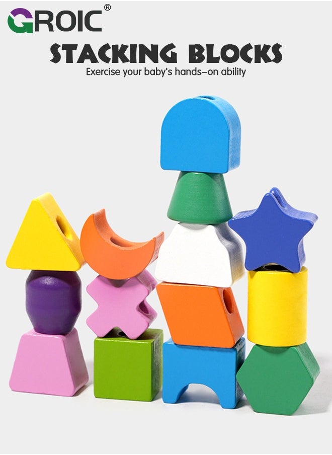 3 in 1 Wooden Color Sorting Stacking Toys, Montessori Toys Geometric Shape Matching Game Wooden Beads Sequencing Toy Set Lacing Beads Stem Fine Motor Skills for Toddlers
