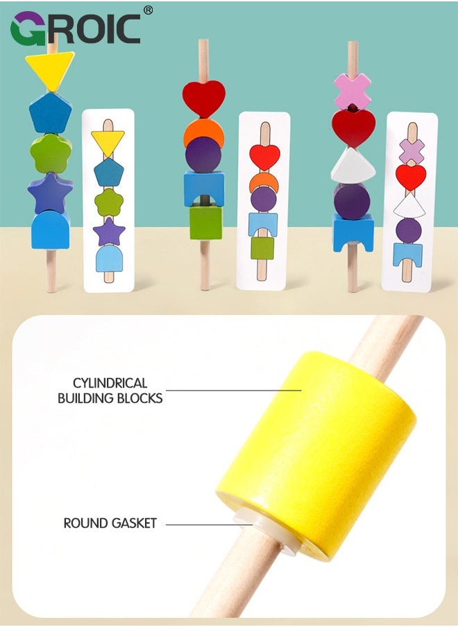 GROIC 3 in 1 Wooden Color Sorting Stacking Toys, Montessori Toys Geometric Shape Matching Game Wooden Beads Sequencing Toy Set Lacing Beads Stem Fine Motor Skills for Toddlers  - Image 4