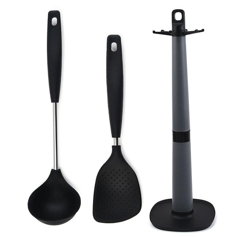 P Plus Fire P Plus Fire Dosa Ladle Steel Soup Ladle Kadchi Stainless Steel Non Stick Ladle Rice Spatula Flatware Rice Scooper Service Spoon Ladle Holder for Kitchen Spatula HolderSet of 3 Black  - Image 1
