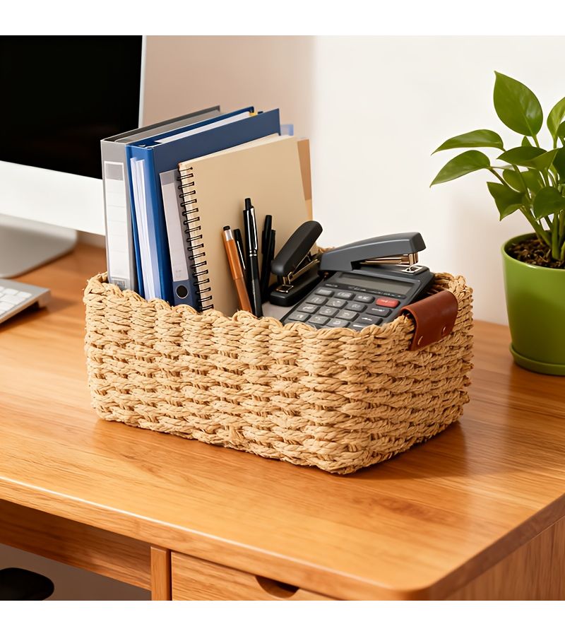 Small Woven Storage Basket With Handles And Lid For Organizing - Image 5