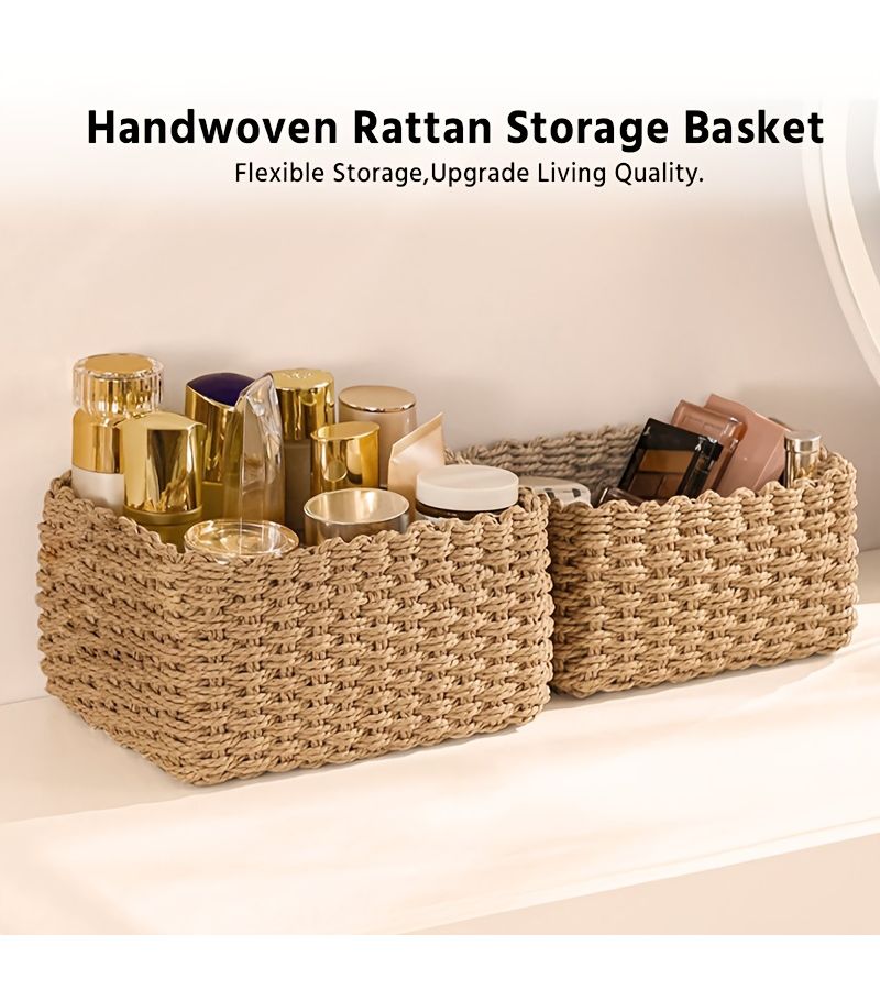 Small Woven Storage Basket With Handles And Lid For Organizing - Image 1