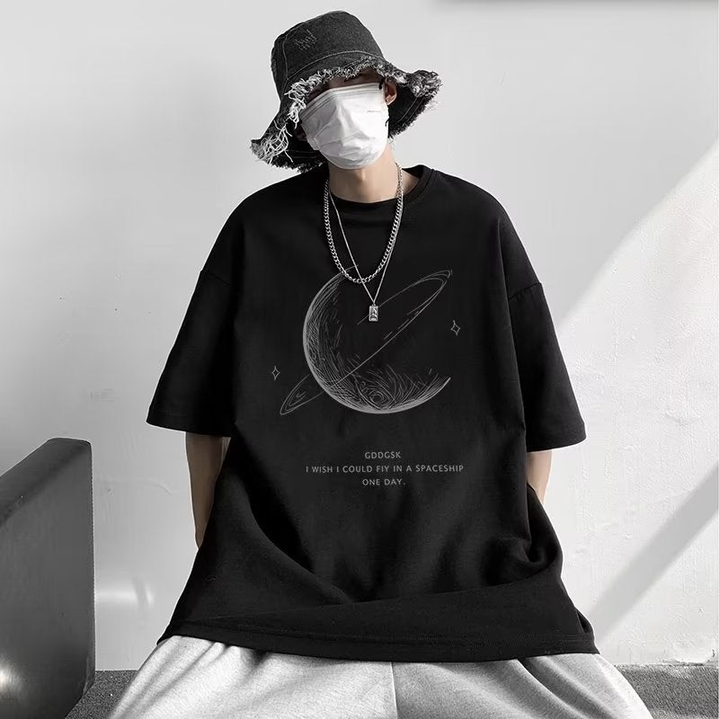 Summer New Urban Style Fashion Trendy Brand Printed Five-Sleeve Mens Round Neck T-Shirt Instagram Fashion Youth Fashion Black Black - Image 1