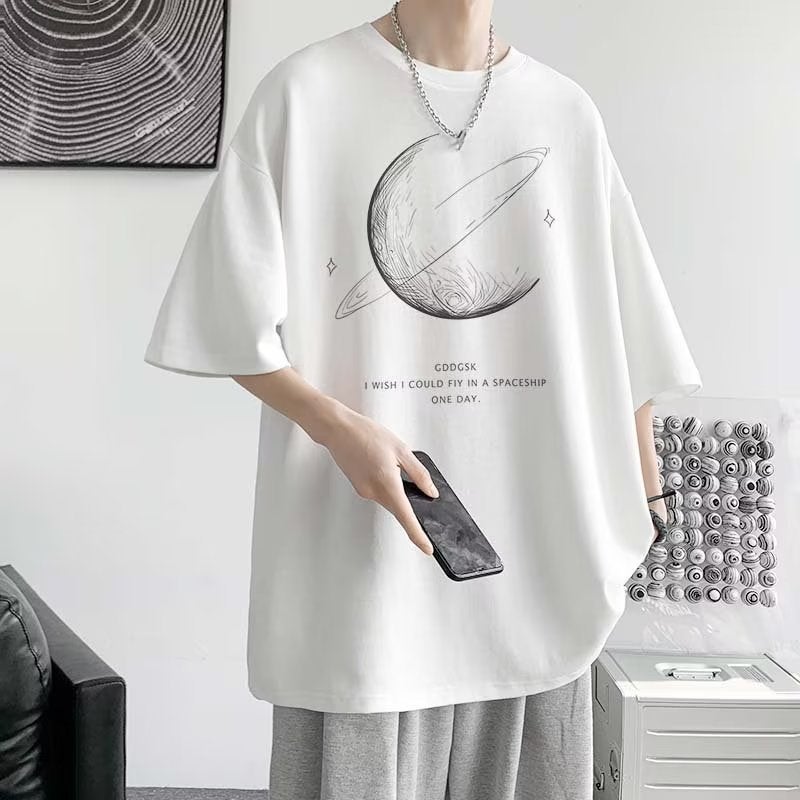 Summer New Urban Style Fashion Trendy Brand Printed Five-Sleeve Mens Round Neck T-Shirt Instagram Fashion Youth Fashion Black Black - Image 3