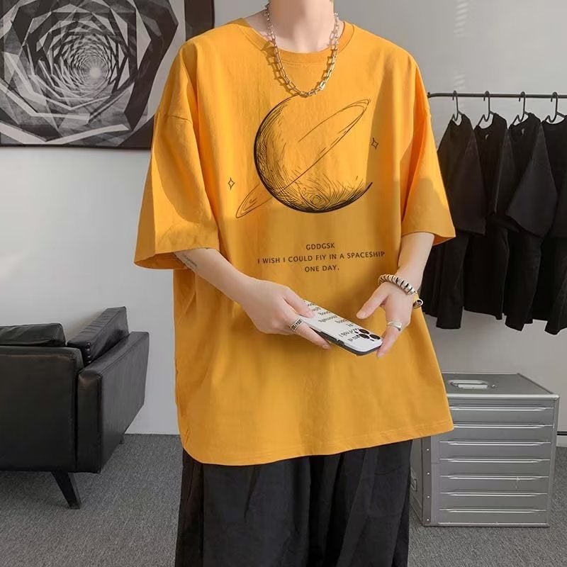 Summer New Urban Style Fashion Trendy Brand Printed Five-Sleeve Mens Round Neck T-Shirt Instagram Fashion Youth Fashion Black Black - Image 5