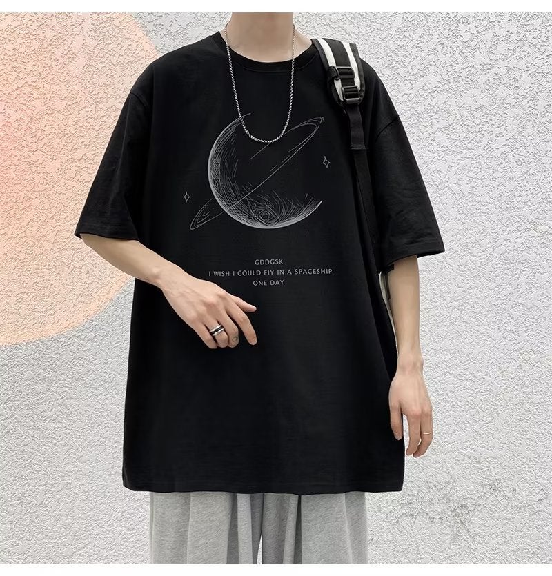 Summer New Urban Style Fashion Trendy Brand Printed Five-Sleeve Mens Round Neck T-Shirt Instagram Fashion Youth Fashion Black Black - Image 4