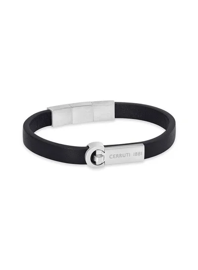 CERRUTI 1881 Oscar Silver Plated Stainless Steel Black Braided Leather Bracelet for Men 180mm