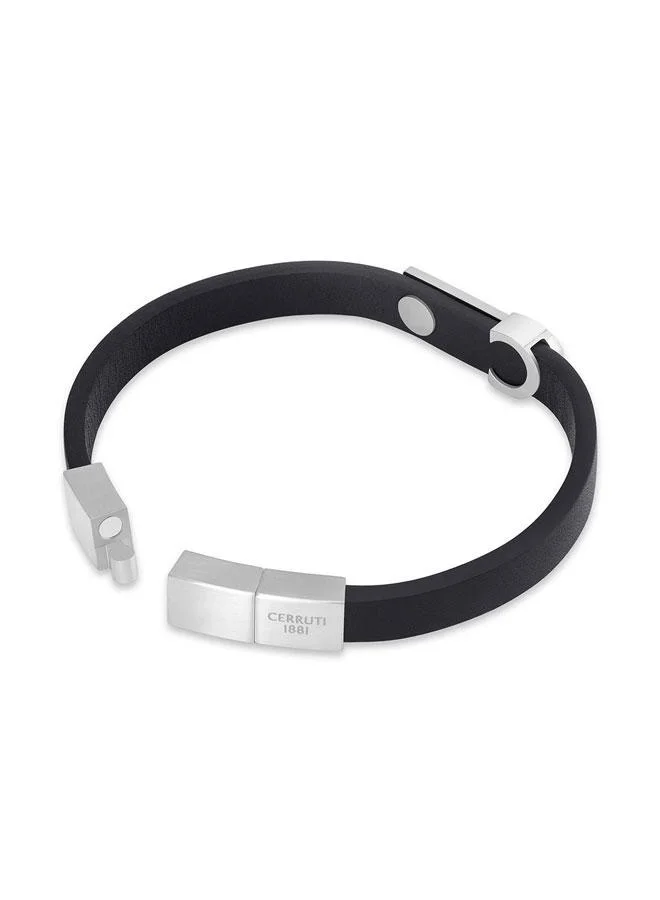 CERRUTI 1881 Oscar Silver Plated Stainless Steel Black Braided Leather Bracelet for Men 180mm