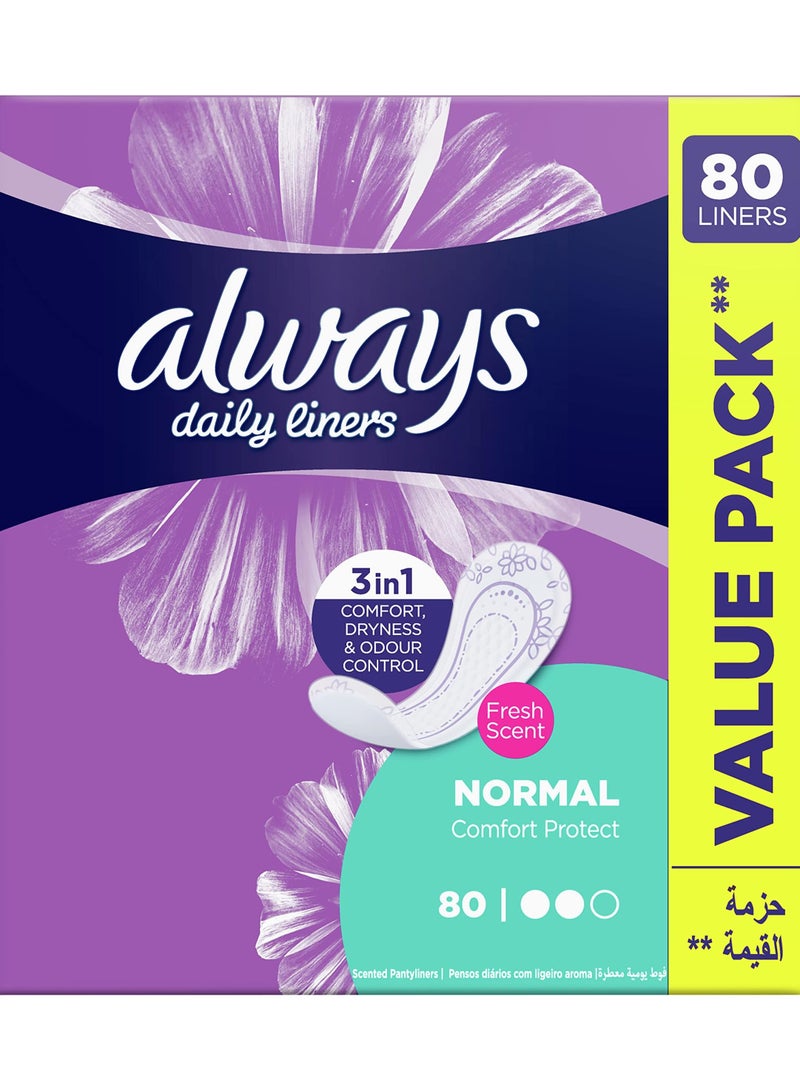 Always 80 Count Daily Liners Comfort Protect Pantyliners With Fresh Scent, Normal