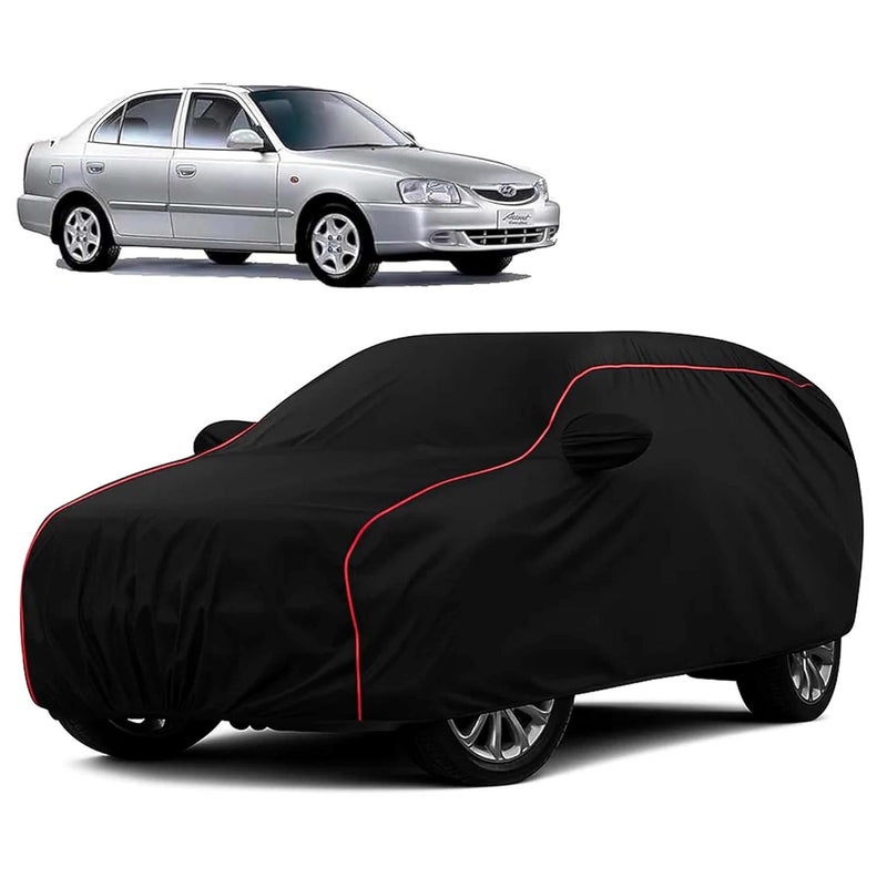 sulfar 100% Water Resistant Car Body Cover Compatible with Mirror for Hyundai Accent (Triple Stitched, Full Bottom Elastic, Black with Red Piping) - Image 1